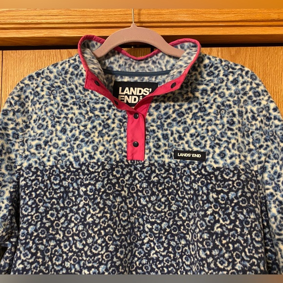 Lands’ End Women's Heritage Fleece Snap Pullover Blue Cheetah XL - Picture 2 of 4